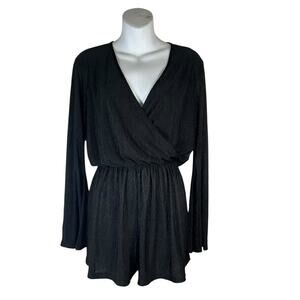 Topshop Black Metallic Crinkle Romper Wrap V-Neck Bell Sleeve Dressy Romper US 8